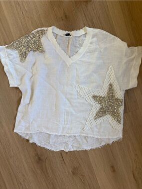Made In Italy 100% Linen Top Star Embroidery White Silver